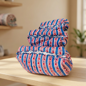 Juego de Bolsas Cosméticas de Algodón Acolchado con Estampado Artesanal Indio, Bolsa de Maquillaje con Rayas Florales Azules y Rosas, Venta al Por Mayor - Product Image 2