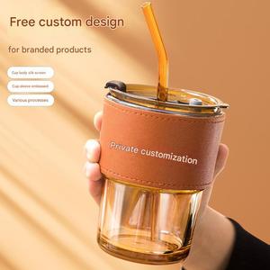 Botella de agua de vidrio Tazas de café con tapa Soporte de paja Impresión de logotipo - Product Image 2