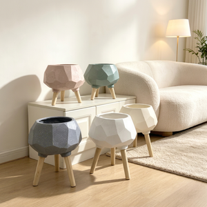 Faceted Geometric Diamond-cut Tripod Plant Pot, Cement Finish <b>Standing</b> Flower <b>Planter</b> with Wooden , Multi-color <b>Indoor</b> Outdoor - Product Image 1