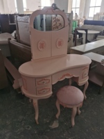 Ensemble de coiffeuse en bois massif sculpté à 3 miroirs de style princesse rose pâle (avec tabouret)