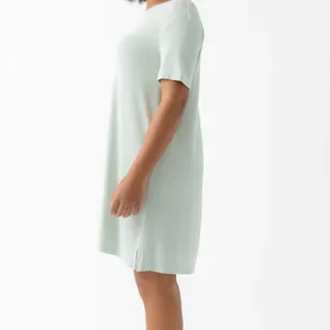 Vestido de dormir de malha canelada de bambu para mulheres, camisola casual de manga curta para dormir