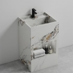 Meuble de salle de bain CR 100 cm avec miroir intelligent, motif pierre blanche, vasque en céramique intégrée - Product Image 4