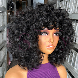 Pelucas vietnamitas baratas sin pegamento, súper doble densidad, grado 12A, con doble trama a máquina, rizadas y con volumen, 100% cabello humano virgen, con flequillo, para mujeres negras. - Product Image 1