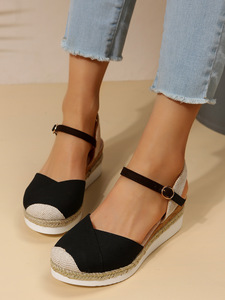 Dropshipping nuevo verano de talla grande para mujer tacón elástico punta abierta cuña plataforma zapatos Slip-On cierre PU plantilla ropa al aire libre - Product Image 6