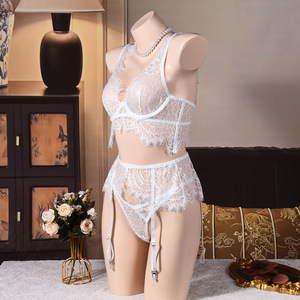 Ensemble de lingerie en dentelle bleue avec soutien-gorge à armatures transparent, <span class=keywords><strong>porte</strong></span>-jarretelles, string <span class=keywords><strong>et</strong></span> <span class=keywords><strong>bas</strong></span> pour femme, vente en gros, marque privée - Product Image 6