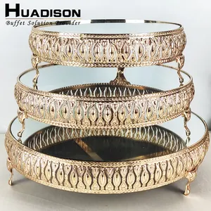 Huadison Hotel Supplies Gold Silver Pearl Crystal Mirror Cake Stand For Birthday Wedding Party Decoration Cake Display Stands