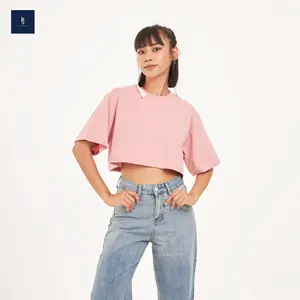 New Design Apparel of Women Oversize Crop Top Plain Colour T-shirts Anti-Wrinkle Fabric for Unisex Casual Style Made in Thailand