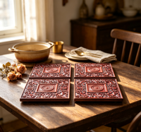 Ensemble de dessous-de-plat carrés en bois sculptés à la main, motif floral vintage en relief, résistants à la chaleur, pour cuisine et table décorative