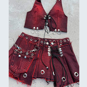 DIZNEW New Arrival Women's Clothing Sexy Two Piece Set Summer Lace up Top and <strong>Pleated</strong> <strong>Skirt</strong> Set Casual Jeans <strong>Denim</strong> <strong>Skirt</strong> 2024 - Product Image 5