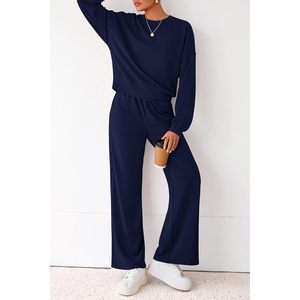Ensemble 2 pièces pour femme : Sweat-shirt à col rond et pantalon de survêtement large, tenue décontractée respirante à manches longues - Product Image 4