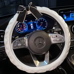 15 inch white bowknot universal PU leather silicone custom car steering wheel cover for girls and women