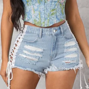 Summer Women Rave Clothing High Quality Cotton High-rise Lace Up Ripped Raw Hem Denim Shorts