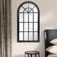 Grand miroir noir et or en bois, style antique, avec grille de fenêtre cintrée, pour chambre, salon, couloir, décoration murale