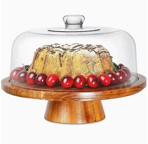 Vassoio Rotondo <span class=keywords><strong>in</strong></span> <span class=keywords><strong>Legno</strong></span> di Acacia a Doppio Uso con Piedi Alti <span class=keywords><strong>per</strong></span> Salumi, Pane, Frutta, Dolci e <span class=keywords><strong>Torte</strong></span>, con Coperchio <span class=keywords><strong>in</strong></span> Acrilico - Product Image 1