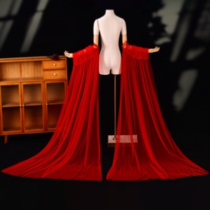 YouLaPan VG136-R Cape de Mariée Longue à Traîne avec Manches Châle, en Maille Rouge Simple Couche, Dentelle Amovible, Confortable à Porter - Product Image 1