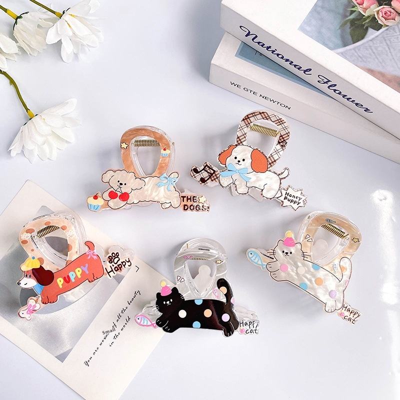 New Fresh Plaid Summer Hair Clip Colorful All-Match Shark Clip Featuring a Cute Puppy Animal Grab Design Made of Durable Plastic