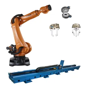 The 6-axis KUKA robot arm KR 240 R2500 prime in the warehouse with CNGBS robot guide and Schunk gripper for material handling