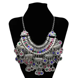 Silver Coin Tassel Rhinestone Statement Necklace Earrings Jewelry Sets For Women Vintage Style