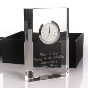 Creative Anniversary Souvenir Gift Use Clear Office Table Clock Crystal With Custom Logo Words