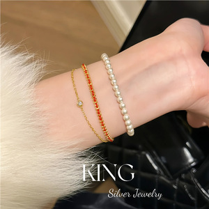 Pulsera de cuentas rojas de doble capa King Silver Jewelry, plata de ley 925 chapada en oro, estilo geométrico para uso diario de mujer - Product Image 4