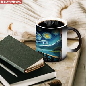 Taza de Cerámica Negra Esmerilada de 11 oz para Sublimación, Taza Sensible al Calor con Diseño de Pintura de Noche Estrellada - Product Image 3