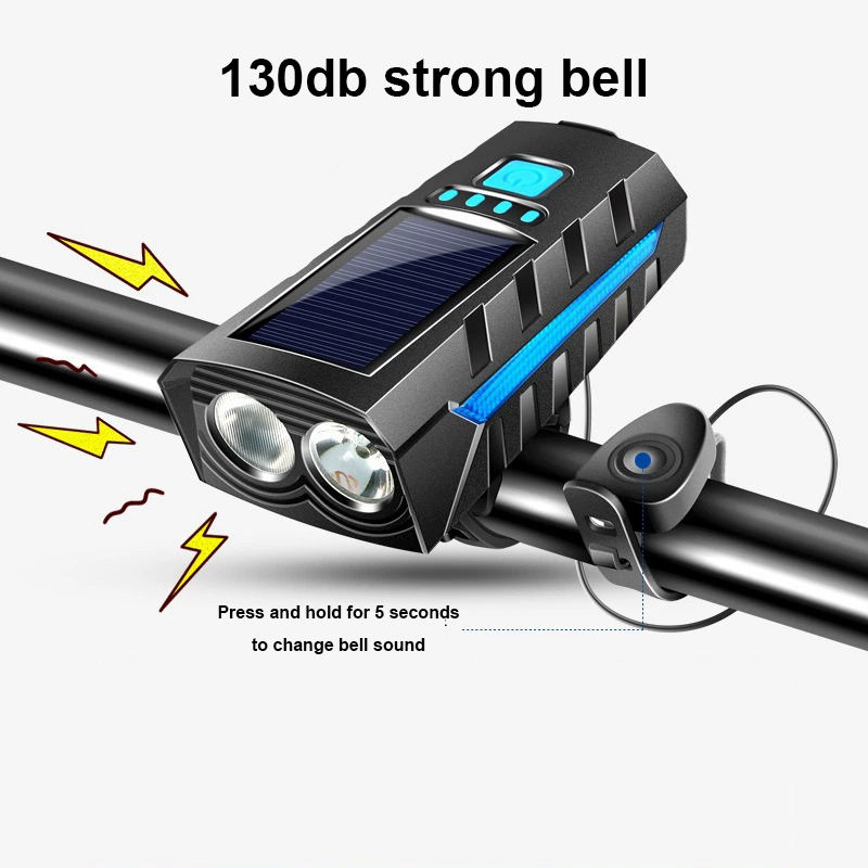 Hongdak 2400Mah Solar Bicycle Headlight with Electric Bell USB Rechargeable Waterproof 130db Bike Horn Dual Lamp Flashligght