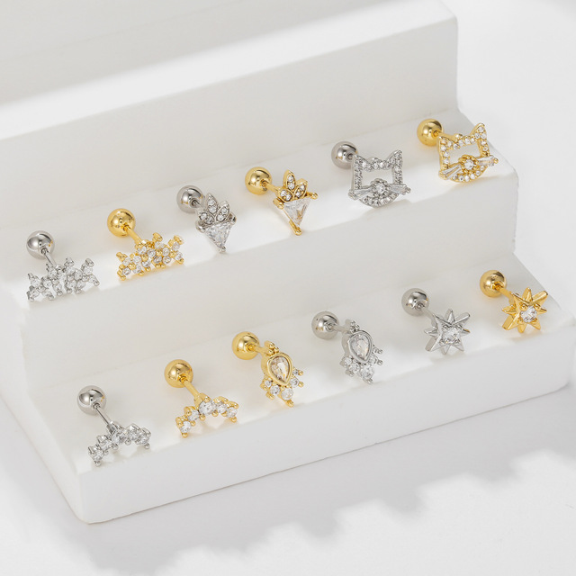 Cute Cat Design Titanium Zircon Studs Earrings Gold Plated Piercing Tragus Helix Back Jewelry for Girls