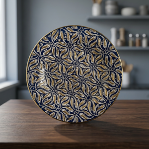 Assiette décorative en métal faite à la main, ronde, motif végétal oriental, bleu et or, peinte à la main - Product Image 4
