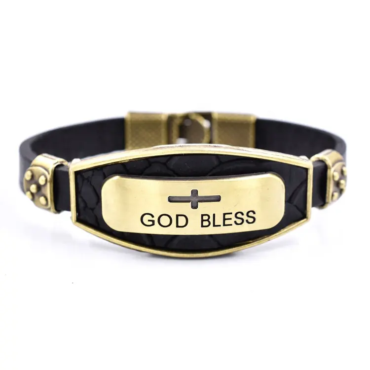 Christmas promotion jewelry gift antique gold religious jewelry men leather god bless cross bracelet