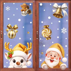 Autocollants de Noël statiques imperméables en PVC doré pour fenêtres, motifs Bonhomme de neige, Renne, Père Noël, flocons de neige et maisons enneigées - Product Image 3