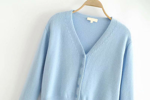 Cardigan in Cotone Azzurro OEM per Donna, 12GG, Scollo a V, Bottoni, Design Casual, <span class=keywords><strong>Maglia</strong></span> Corta per Ragazze - Product Image 3