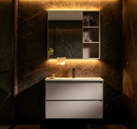 Meuble-lavabo de salle de bain moderne et minimaliste avec robinet flottant, miroir intelligent, vasque en céramique et armoire étanche pour appartements, hôtels, hôpitaux