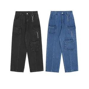 Cheap Punk Style Designer Jeans Original Wide Leg Black Blue Big Pocket Boys Chain Denim Cargo Pants OEM Jeans