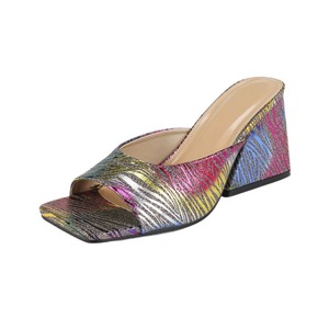 Sandales mules pour femmes en tissu rayé pailleté avec talon bloc épais et bout carré ouvert pour les soirées et occasions décontractées - Product Image 6