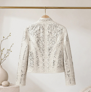Giacca Corta da <span class=keywords><strong>Donna</strong></span> Personalizzata in Pelle Scamosciata 100% Pecora con Ricamo Floreale Tagliato al Laser, Traspirante e con Orlo Elastico - Product Image 3