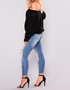 Jean skinny pour femme grande taille, respirant, en denim écologique, extensible, déchiré, décontracté, taille haute, coupe crayon - Product Image 4