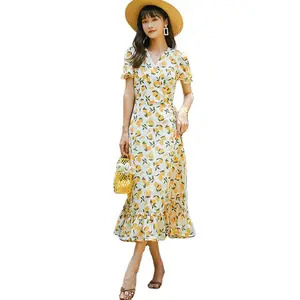 Gaun motif floral ruffles panjang untuk musim panas, gaun liburan kerah v kasual gaya vintage Perancis kualitas tinggi