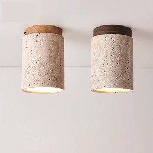 Luminaire de plafond cylindrique en travertin jaune Wabi Sabi, base en bois et pierre naturelle pour couloir et chambre - Product Image 1