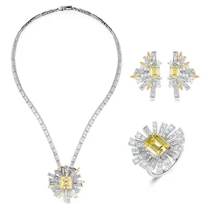 奢华花朵造型珠宝套装925纯银立方氧化锆耳钉项链戒指女性珠宝套装