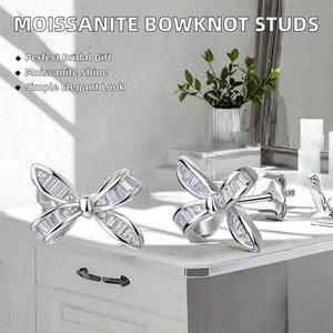 Boucles d'oreilles clous en moissanite 0,72 carats avec nœud papillon, en argent sterling S925 plaqué rhodium, sertissage griffe, bijoux de mariage pour femme, cadeau - Product Image 2