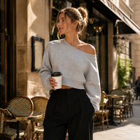 Sweat-shirt surdimensionné asymétrique en coton French Terry à épaules dénudées pour femme, manches longues, coupe ample, idéal pour l'automne et l'hiver