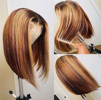 Perruque Lace Front Bob avec closure en dentelle, mélange de couleurs pour femmes noires, sans colle, couleur piano, cheveux humains, mèches blond miel longues