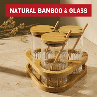 Ensemble de pots à épices en bambou avec 3 pots en verre, couvercles et cuillères en bois, support de rangement triangulaire à 2 niveaux pour comptoir de cuisine