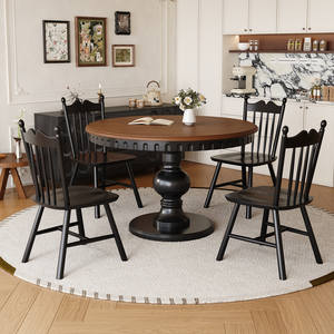 Table à manger ronde en bois massif de style américain vintage avec grain de bois de frêne, design français, pour petites maisons et appartements - Product Image 1