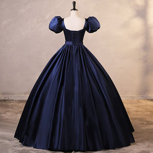 Navy Blue Puff Sleeve Ball Gown Satin Dress Square Collar Natural Waistline Women's Career Dress - Product Image 3
