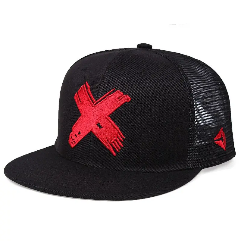 Topi bisbol pinggiran datar pas kasual luar ruangan topi Snapback olahraga dapat diatur bordir huruf X