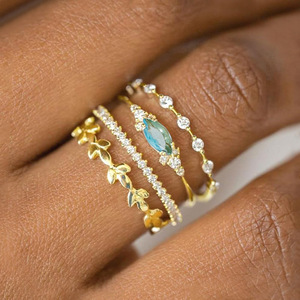 T0771 Bagues pour femmes en or avec pierre précieuse aigue-marine, taille marquise, sertissage pavé, motif végétal, bijoux de fiançailles et de mode - Product Image 1