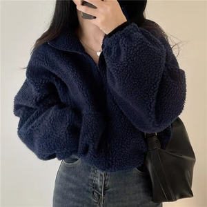 Women's Short-Length Stand Collar Warm Faux Shearling Coat Autumn/Winter Style Loose <b>Zipper</b> Cardigan Top Fashion - Product Image 3