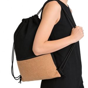Sac à dos écologique à cordon de serrage en toile de coton décontracté avec base en tissu imitation bois pour le shopping, les voyages et la gym - Product Image 1