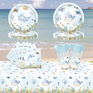 Vajilla desechable de fiesta con animales submarinos de acuarela, bandeja de papel temática de animales marinos, mantel para ocasiones festivas - Product Image 1